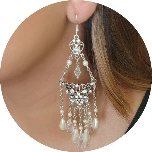 Elegant Silver Scroll, Sparkling Swarovski Crystal Long Chandelier Deco Earrings - Image 3 of 4
