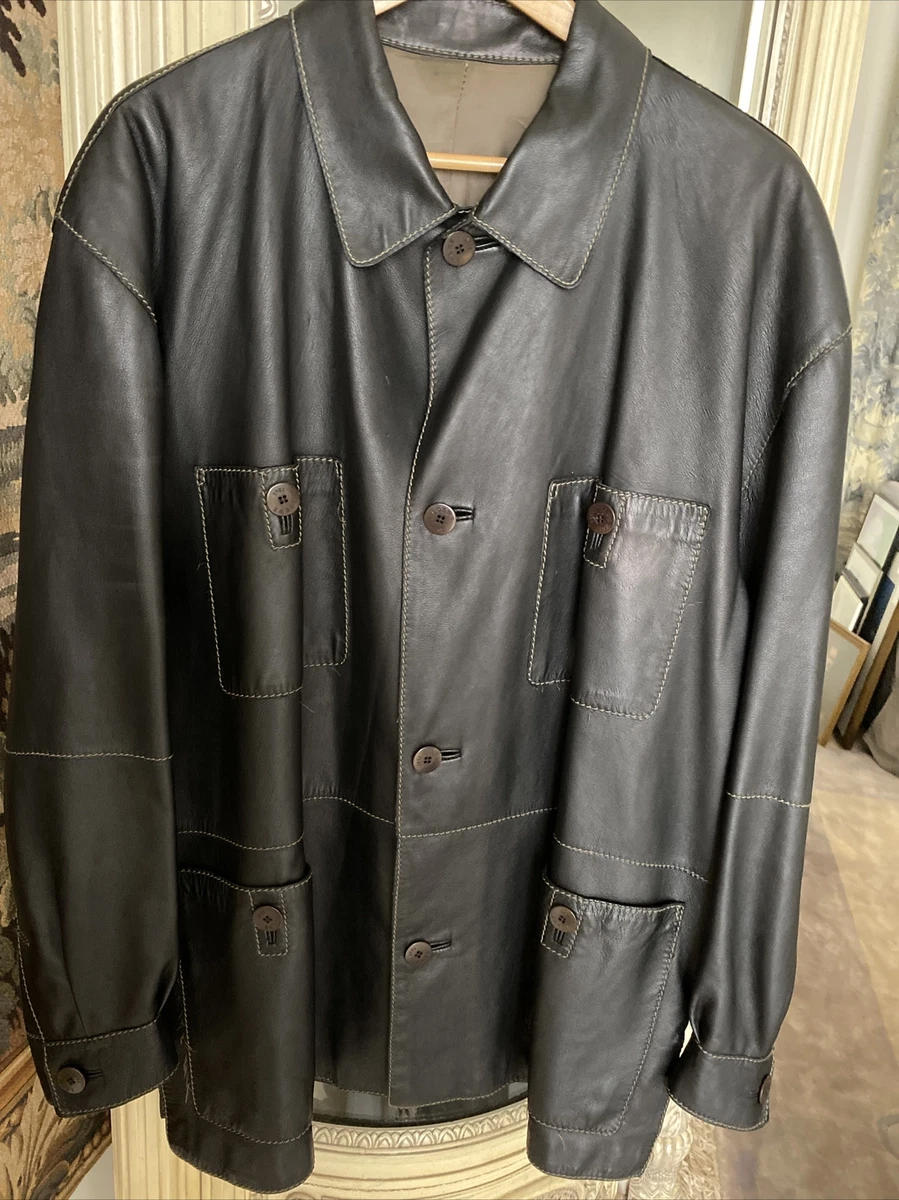 Loewe Authentic mens leather jacket black with grey stitching
