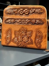 Vintage Mexican Tooled Leather Aztec Calendar Bag Western Travel Case Satchel