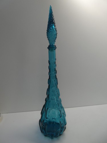VINTAGE EMPOLI ITALY BLUE TEAL ART GLASS LIDDED GENIE BOTTLE VASE