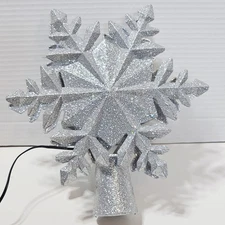 Glittered Silver Snowflake Christmas Tree Topper Rotating Projector Lamp