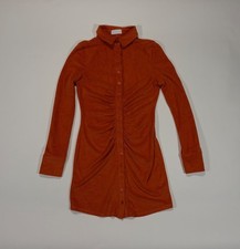 Long Sleeve Mini Dress Terry Cloth Orange Ruched Waist Button Closure