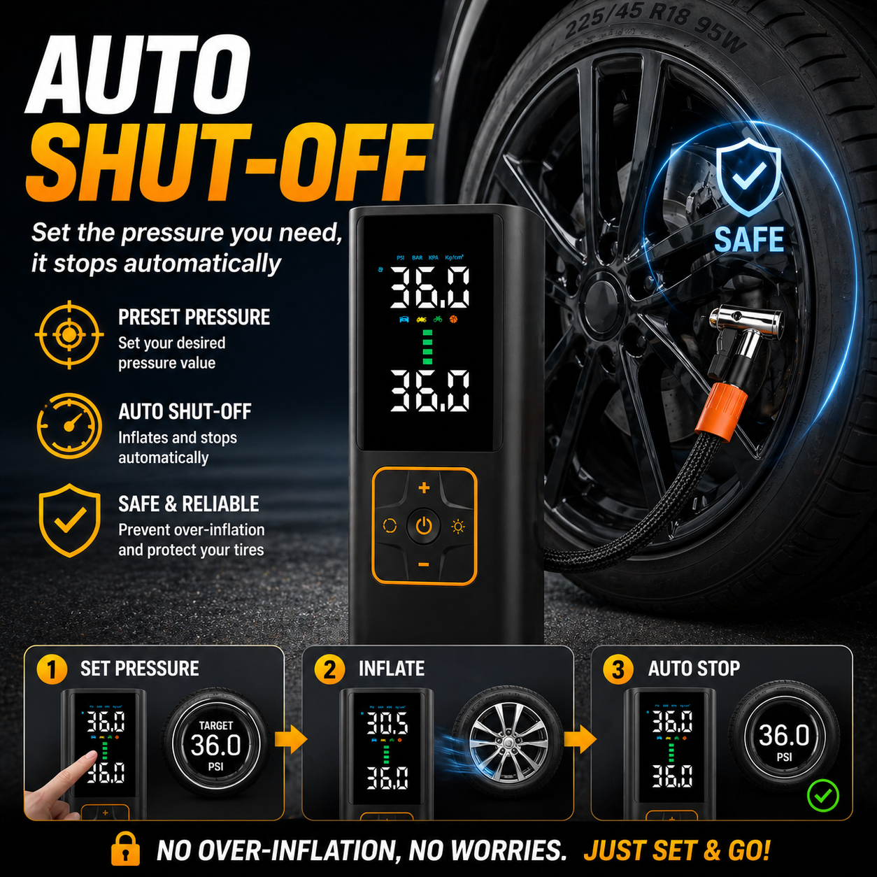 Auto shut off portable air compressor stops automatically at preset pressure