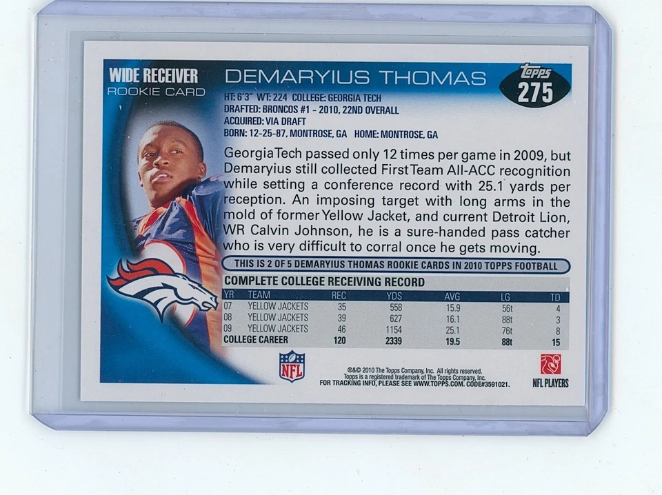 2010 Topps Demaryius Thomas Rookie Image Variation 2 No Helmet - Image 2 of 2