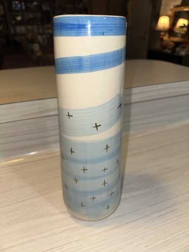 Pier 1 Tall Vase Blue Creme Stripes with Gold Cross Accents Abstract Art - Picture 5 of 7