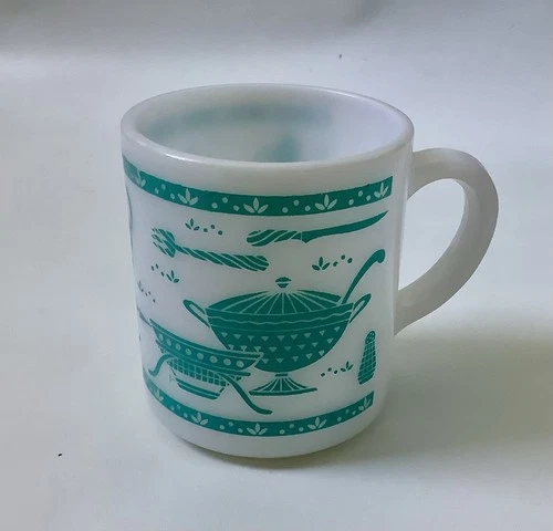 Vintage Hazel Atlas Milk Glass Mug Retro Kitchen Turquoise White MUG Cup