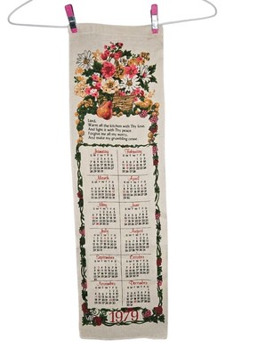 Vintage 1979 Fruit & Flowers Kitchen Prayer Tea Towel Calendar Linen Pink Yellow