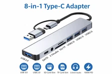 AMPMG 8-in-1 USB-C Hub Adapter | USB 3.0 Multiport, SD/TF Card Reader, Audio Jac