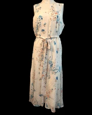 Lauren Ralph Lauren Size 12 White Floral Midi Dress Sleeveless Lined Belted