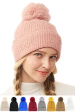 ScarvesMe Women Winter Warm Soft Solid Color Fluffy Fleece Beanie with Pom