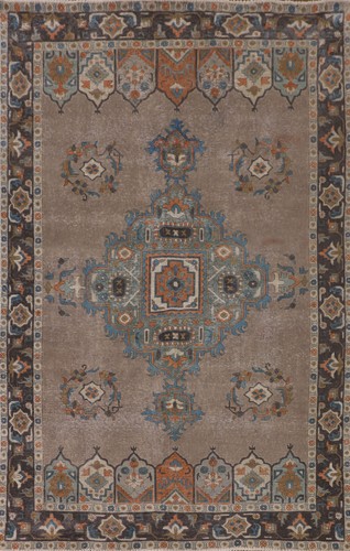 Vintage Over-Dyed Brown Geometric Tebriz Living Room Rug 6x10 Handmade Wool Rug
