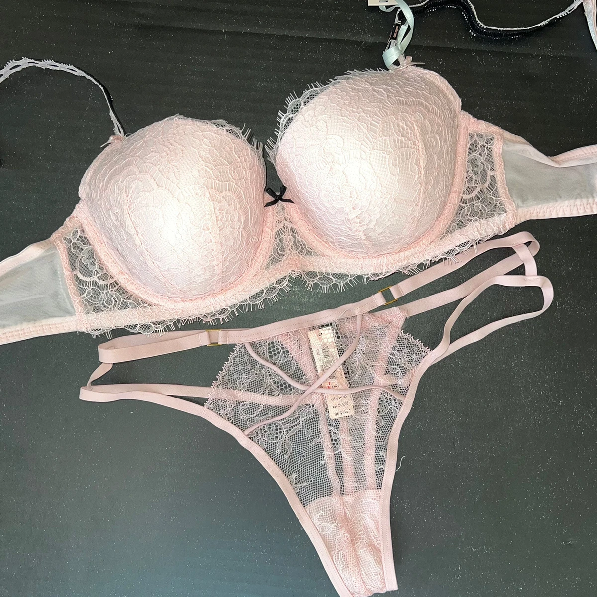 Victoria s Secret 36C 36D 36DD 36DDD BRA SET M thong Strappy PINK LACE