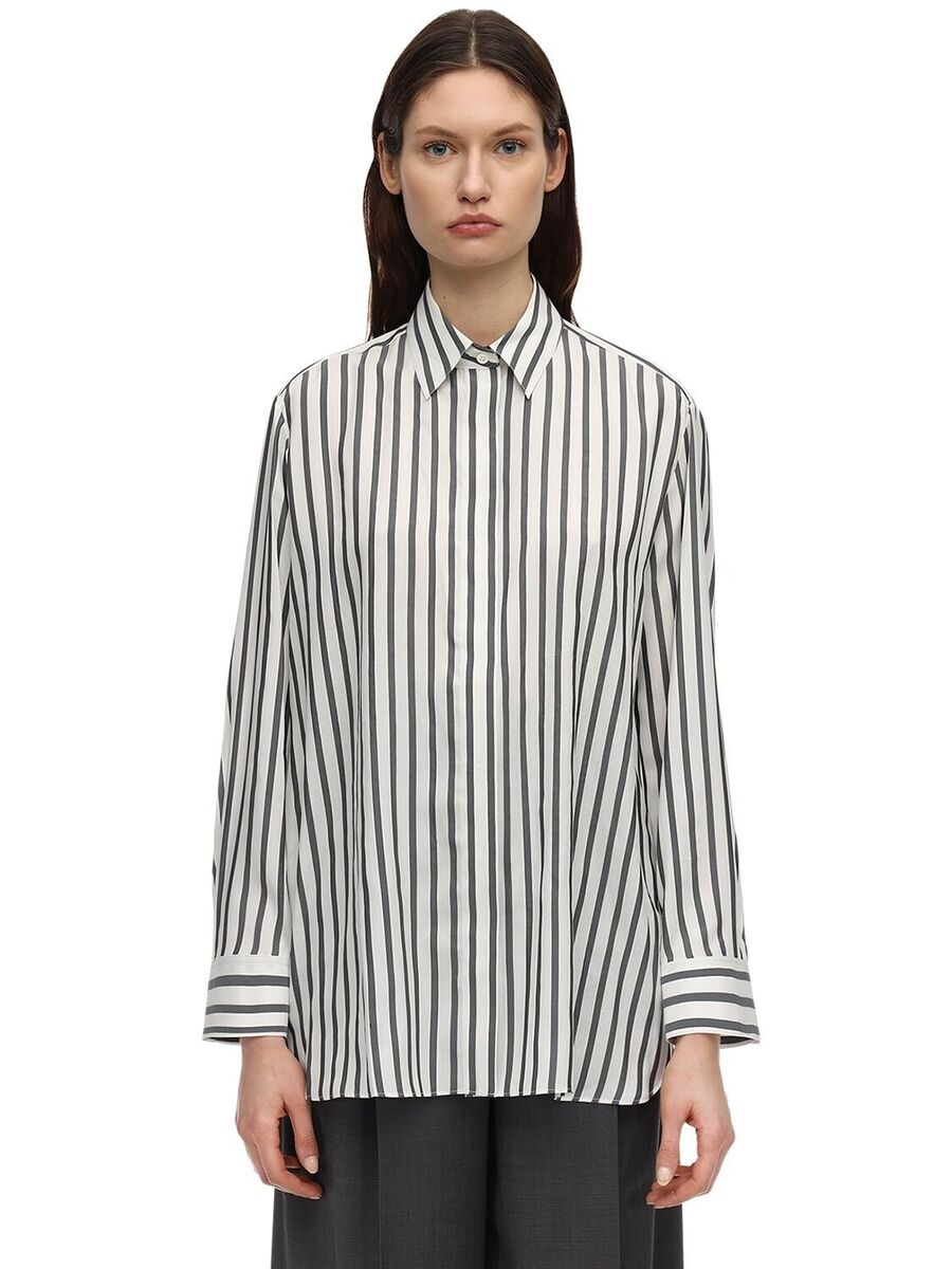 THE ROW $1,390 Big Sisea White Grey Stripe Silk Shirt Tunic THE ROW $1,390 Big Sisea White Grey Stripe Silk Shirt Tunic
