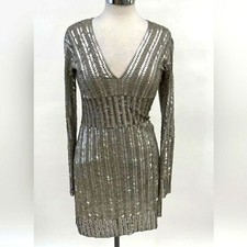 Farahkhan Designer Beaded Women's Silver Tone Formal Party Cocktail Dress S