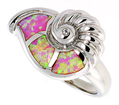 Feiner Damenring Silber rhodiniert, rosa simulierter Opal Schneckenhaus 15 mm
