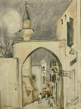 Acuarela arquitectónica americana "Tripoli Street" de Kay J. Coriat fecha 1952