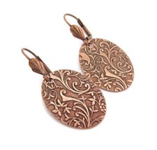 Art Nouveau Earrings Embossed Antiqued Copper Oval Dangle Boho Romancecore Gift