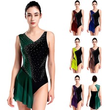 Womens Skirt Gymnastic Dress Sheer Leotard Color Block Dancewear Dance Costume