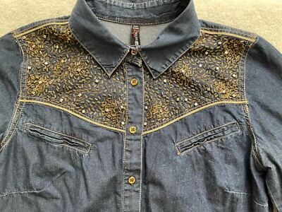 DUNKELBLAUES COWBOY- JEANSHEMD MIT PAILETTEN UN GLITZER GR. XS (34) FISHBONE