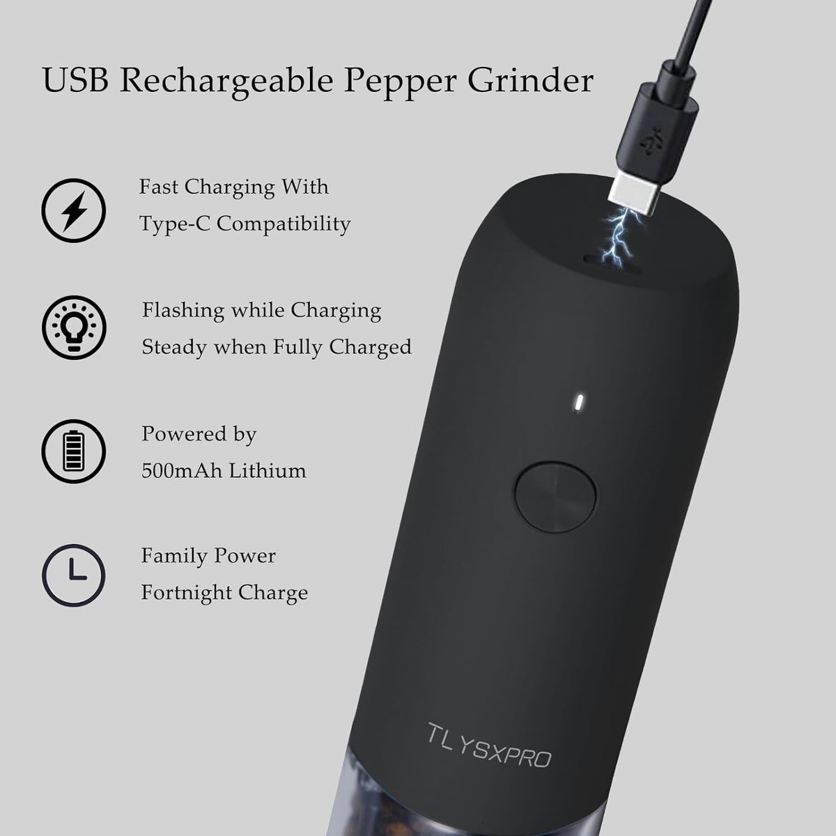 Rechargeable Electric Pepper And Salt Grinder Set - Adjustable, One-Hand Operation With LED Light - View #2
