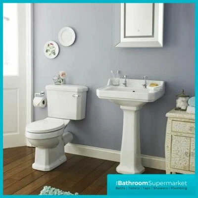 PLUMBWORKZ Traditional White Bathroom Suite Ceramic Toilet Sink Basin Toilet Seat & Taps