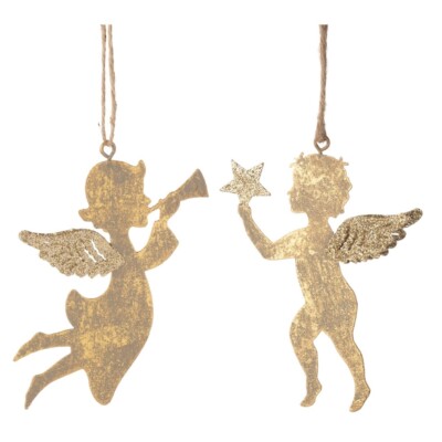 SILVER TREE SET OF 2 RUSTIC GOLD 4.25'' METAL ANGEL CHRISTMAS ORNAMENTS A41809