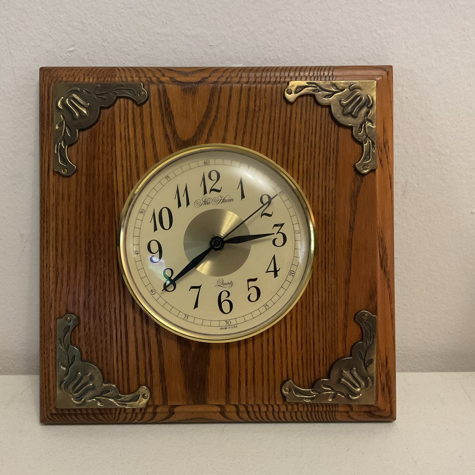 Vintage New Haven Wall Clock With Brass Corner Decor, Tested