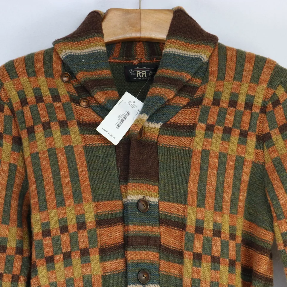 DOUBLE RL RRL RANCH SHAWL CARDIGAN GREEN BROWN 100% WOOL THICK BELTED SWEATER S - Image 2 of 4