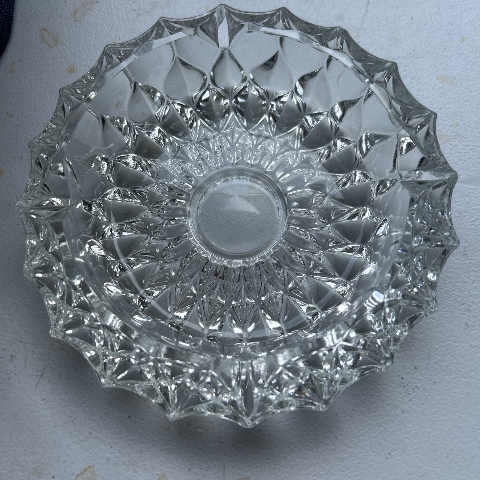 Ashtray Round Heavy Crystal Cut Glass Diamond Point Vintage