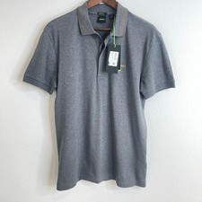 Hugo Boss Luxury Cotton Polo Shirt Men  s Large Gray Gold Logo Regular Fit NWT