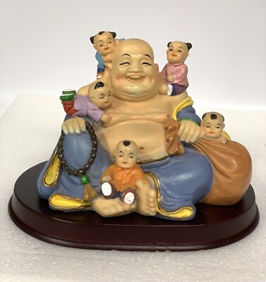 Vintage Smiling Buddha With Children Fertility Statue Made