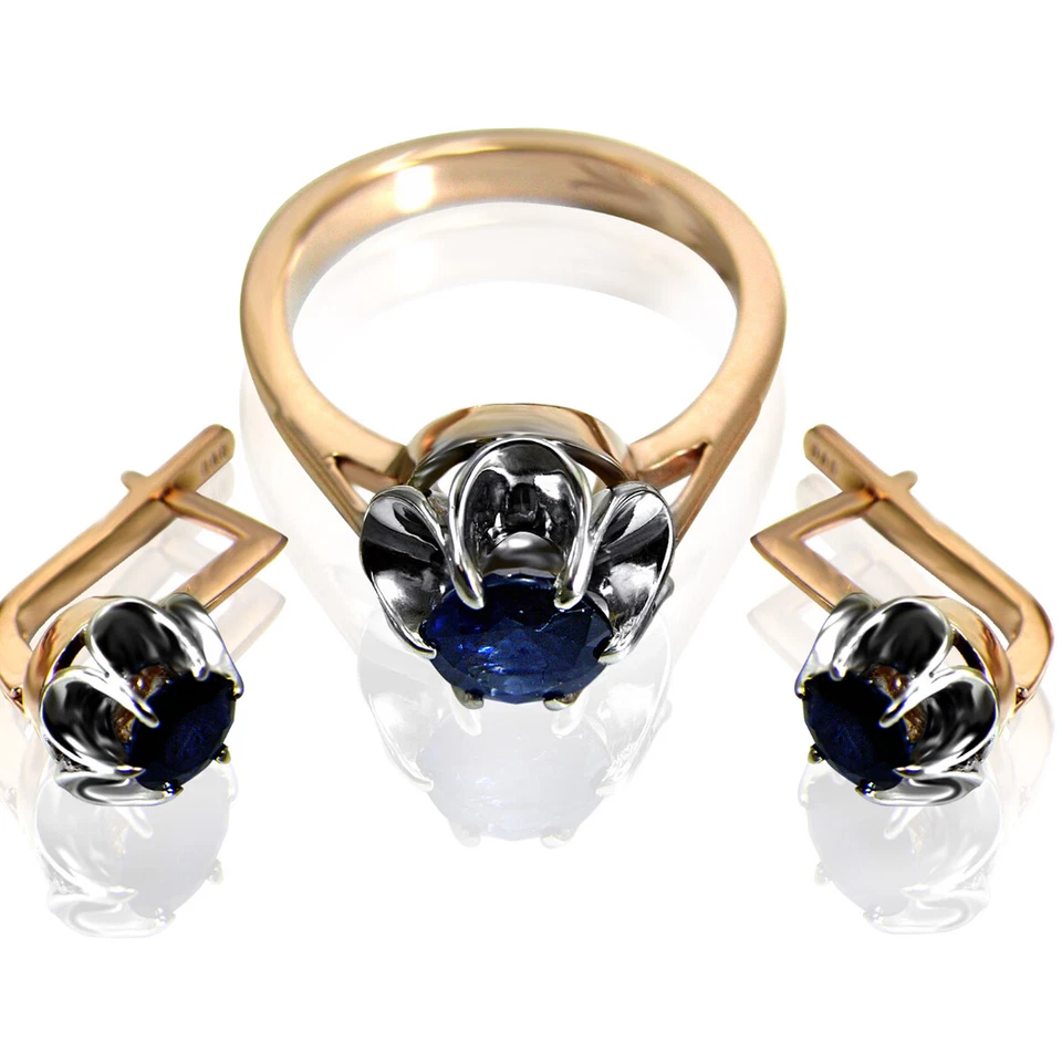European style Genuine Sapphire earrings and ring Set in 14K solid gold #S232 - Image 3 of 3