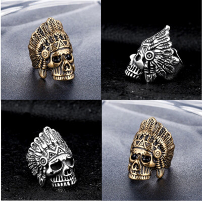 10pcs Mens Outlaw Punk Indian Chief Biker Skull Ring Alloy