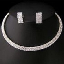 Party Wedding Bridal Crystal Necklace Choker Earring GP Silver Jewelry Set
