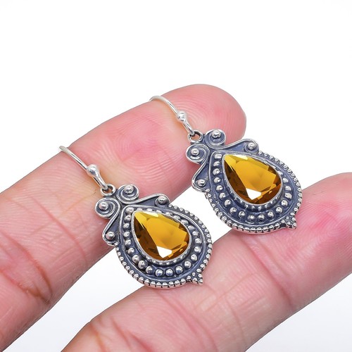 Golden Quartz Gemstone 925 Sterling Silver Jewelry Earring, Designer Earring - Picture 4 of 4