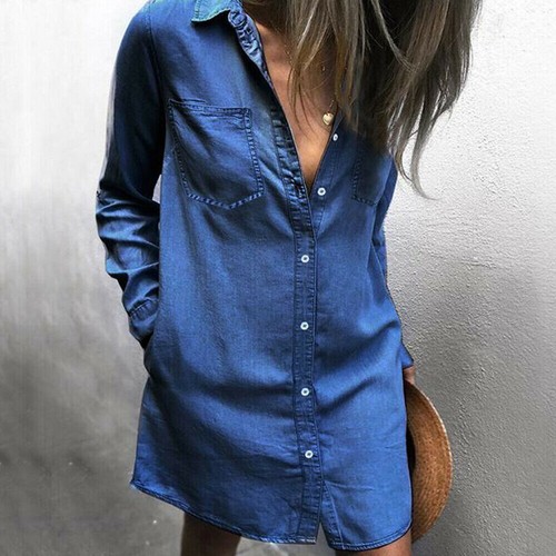 Fashion New Deep-V Denim Shirt Dress 