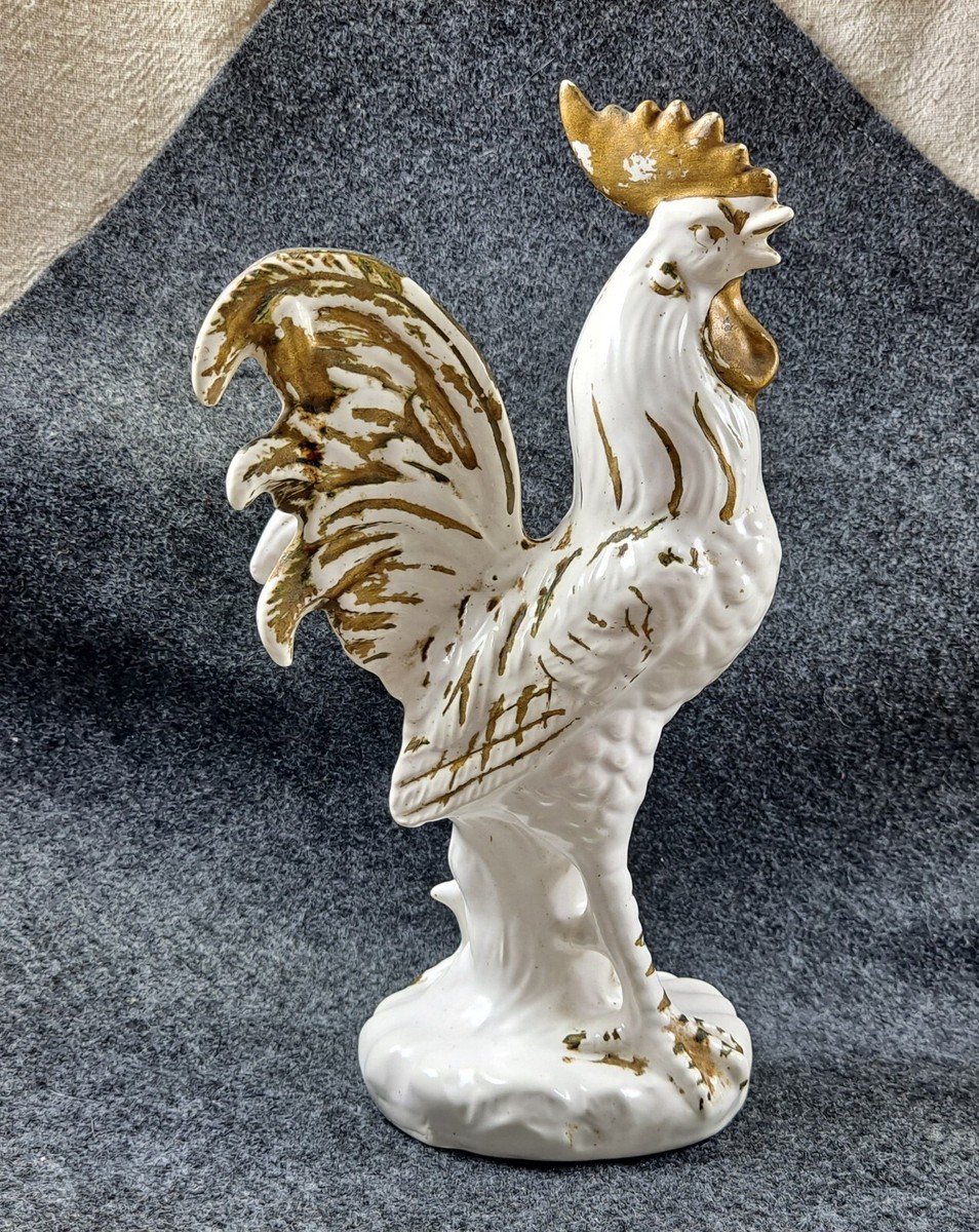 Vintage White Porcelain Rooster Figurine Gold(ish) Trim