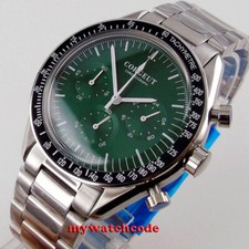 40mm corgeut green dial full chronograph quartz mens watch steel bracelet