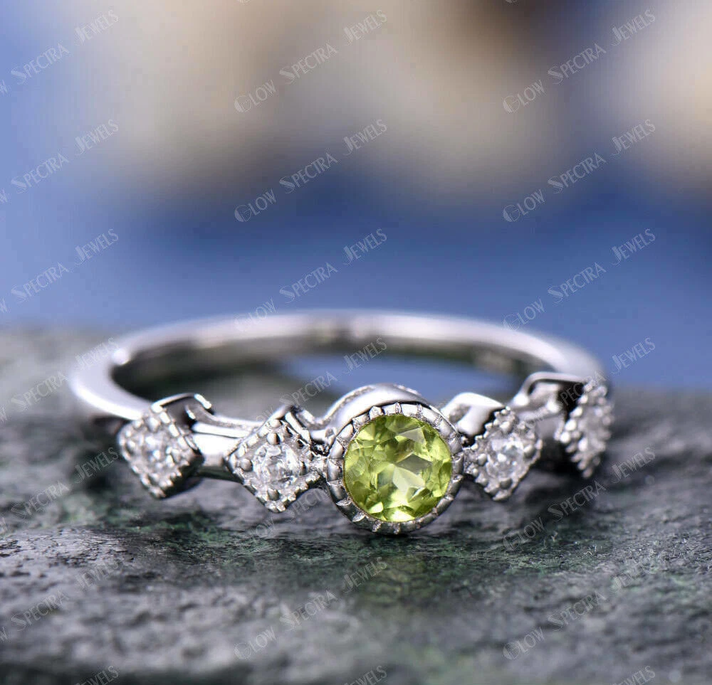 2Ct Round Cut Simulated Green Peridot Diamond 5 Stone Ring 14K