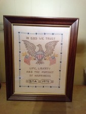 Vintage Framed  Cross Stitch Americana 1975 BTA