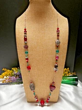 Vintage Iris Lane 925 Silver Chain Faceted Crystal Glass Bead Red Heart Necklace