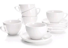 Sweese 6 Ounce Cappuccino Cups w Saucers  Porcelain Double White Pack Of 6