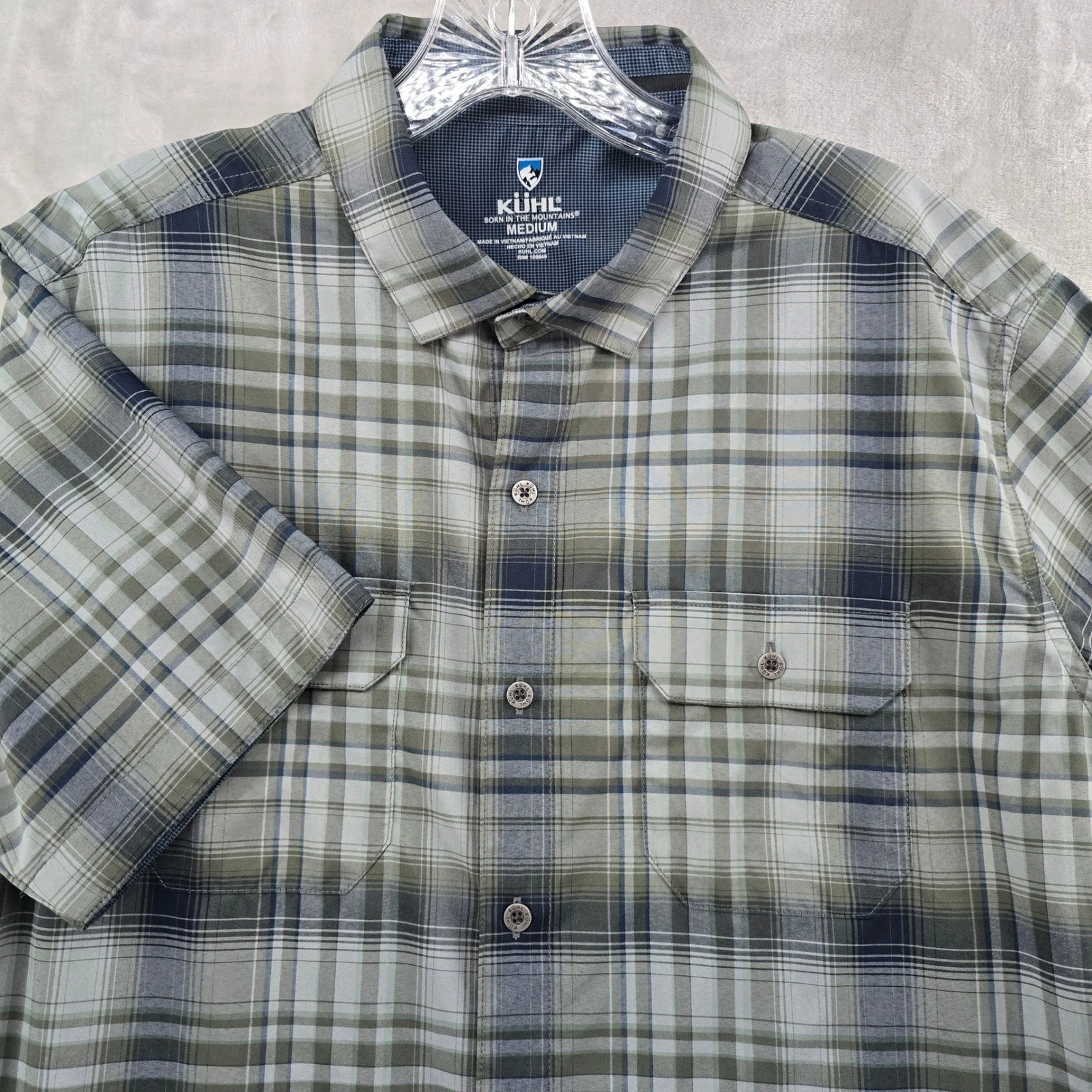Kuhl Button Down Shirt Mens Medium Green Gray Plaid Short Sleeve Technical hike