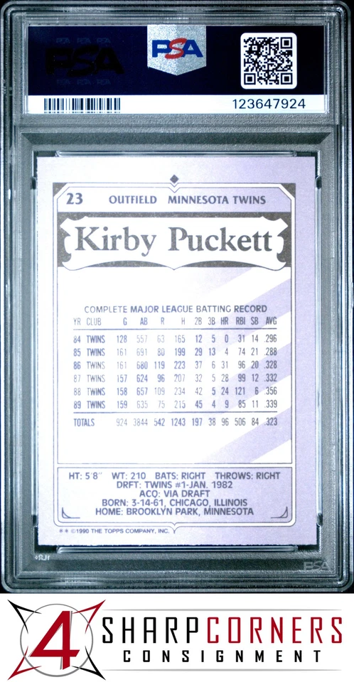 1990 KAYBEE KINGS #23 KIRBY PUCKETT TWINS HOF PSA 10 - Image 2 of 2
