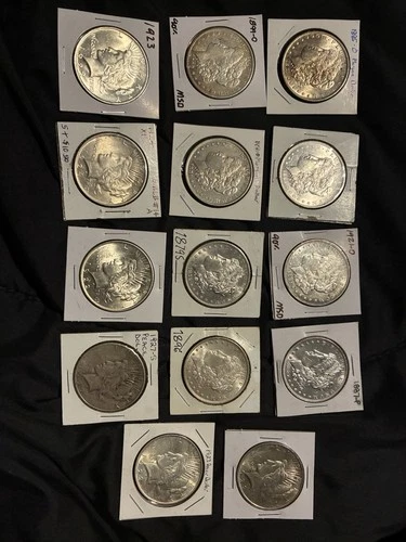 Lot Of 14 US Silver Dollars Morgan/peace 90% Silver xf/au/ms