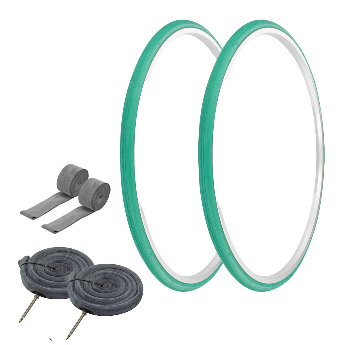 PRO+ TIRES 700 x 25 GREEN P-1035 W/ HEAVYDUTY TUBES,RIM STRI