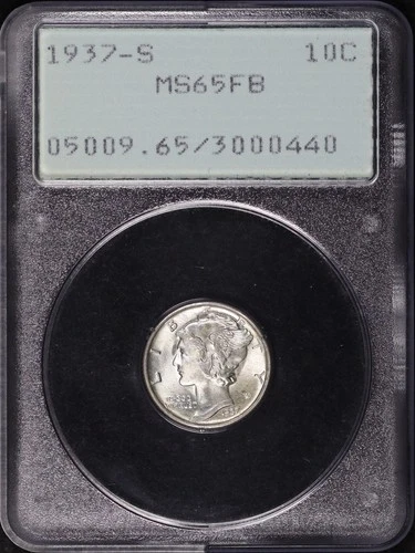 1937-S Mercury Dime PCGS MS-65 FB Old Green Rattler Holder