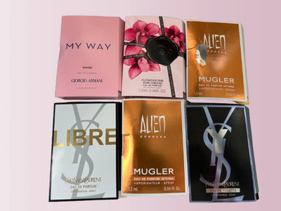 ASSORTED 5PCS PARFUM & 1 PC EAU DE TOILETTE SAMPLE SIZE YSL MUGLER VIKTOR ARMANI