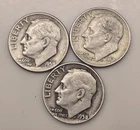 Three 1958 D ROOSEVELT DIMES 10C (#313) Denver, circulated, ungraded