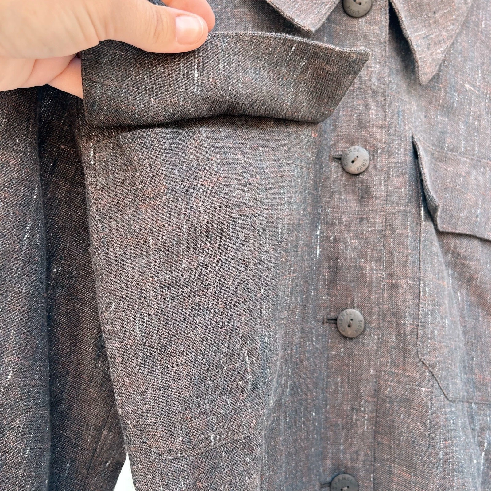 Giacca Chanel Autentica Lino Cropped Cinched Utility Top Marrone Cioccolato 36 Y2K